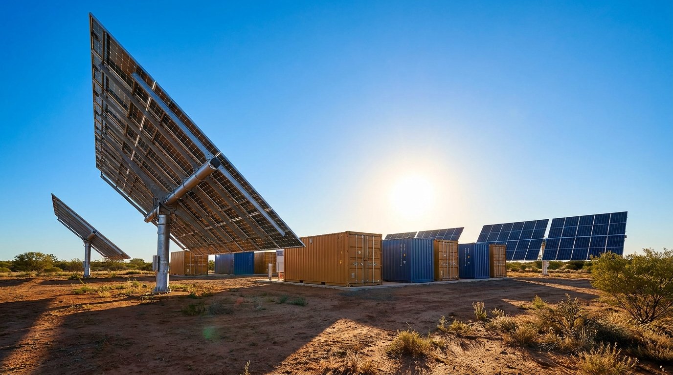 Remote off-grid solar array with battery storage containers