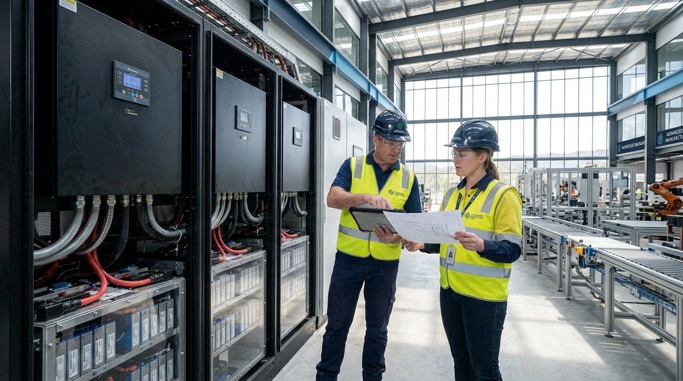 Workers reviewing an industrial battery energy storage installation